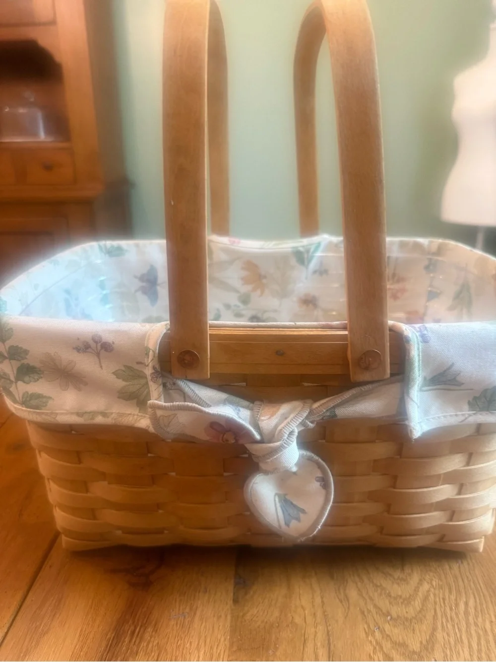 Longaberger Tan Woven Basket with Floral Liner and Double Handles